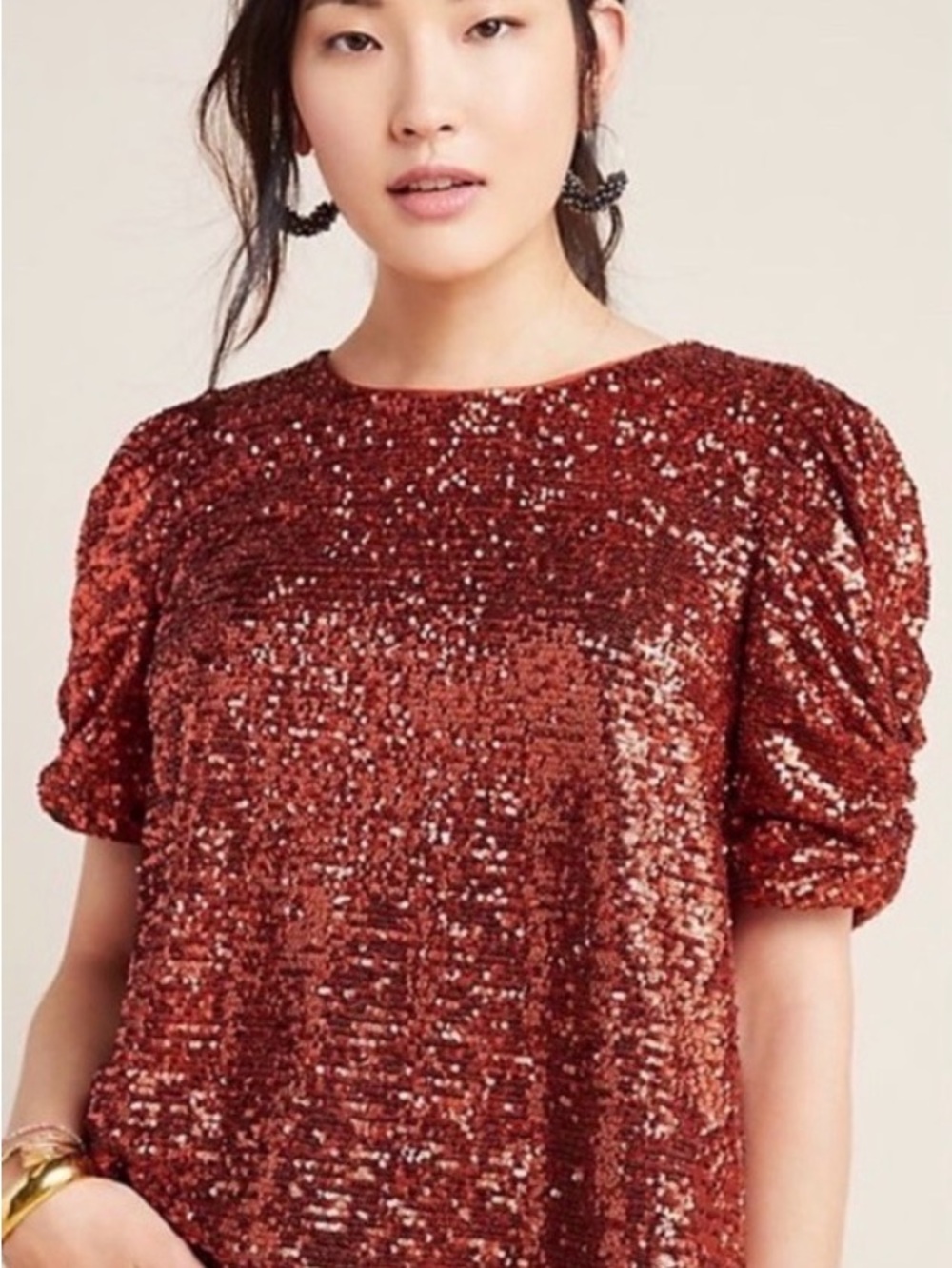 Anthropologie Marie Copper Sequin Puff Sleeve Party Top XS Burnt Orange